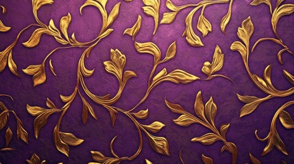 Golden Floral Design on Purple Textured Background