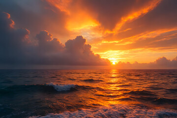 Obraz premium Awe-inspiring sunset over the ocean, creating a stunning natural spectacle.