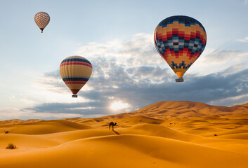 Desert and hot air balloon Landscape at Sunrise. Travel, inspiration, success, dream, flight concept