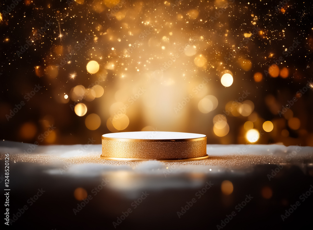 Wall mural golden podium under sparkling bokeh lights with a double exposure effect, creating a magical and cel