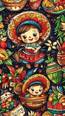 Obraz premium Cute cartoon girl in traditional hat, colorful pattern, food and nature elements, seamless design, children's book illustration