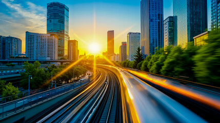 Fototapeta premium A train traveling through a city at sunset
