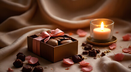 Chocolates are packed in a brown gold box, decorated with a light pink satin ribbon, around which are sprinkled rose petals and small pieces of chocolate, and candles in a glass give off a warm glow.