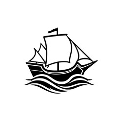 A stylized illustration of a ship with sails.