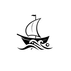 Simple sailing boat logo. Sailing black boat with waves. White backdrop.