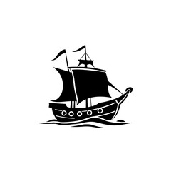 Classic Silhouette of a Pirate Ship Sailing on the Waves, Black and White.