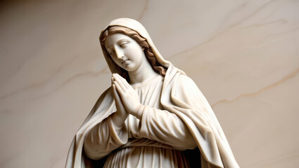A serene marble statue depicting a religious figure in prayer, showcasing intricate craftsmanship and devotion. Renaissance. Woman. 2