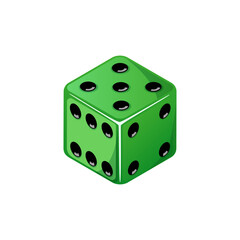 Game dice, green dice with the number five side coming up. Dice cube icon isolated on white background.