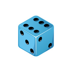 Game dice, blue dice with the number six side coming up. Dice cube icon isolated on white background.