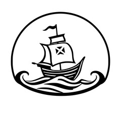 Vintage Ship on the Sea, illustrating a black and white sailboat surrounded by a circle.