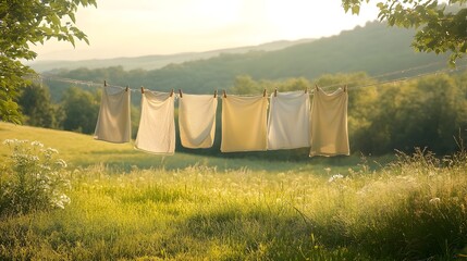 Eco Friendly Cotton Clothes Gently Drying on Clothesline in Peaceful Rural Landscape