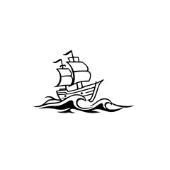 Simplistic sailing ship silhouette image, black and white, set against a white background, representing adventure.