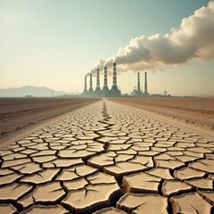 Cracked desert landscape with factory emissions in the distance