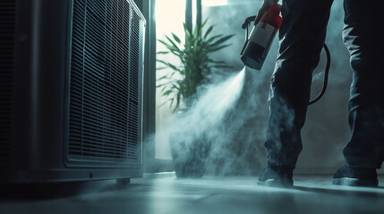 Disinfecting HVAC System: A person is disinfecting an HVAC system using a fogging machine.  The focus is on the lower half of the person's body and the fog emanating from the machine.