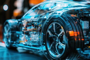 Fototapeta premium Exploring Electric Vehicle Technology: Innovative Design and Engineering of a Transparent Car Chassis, Revealing its Internal Components with Stunning Detail.