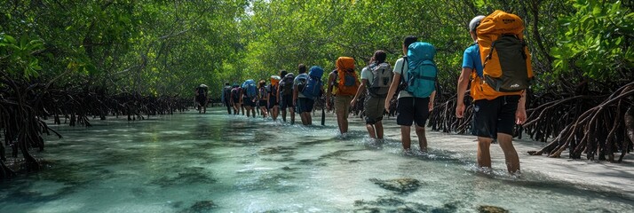 Hikers Trekking Through a Lush Mangrove Forest