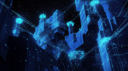 Data technology abstract futuristic cyan low poly shape glowing wire mesh surface on dark background. 3D rendering 3d illustration render