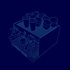 A blue drawing of a coffee maker with cups on top. The coffee maker is a small, compact model with a handle and a knob. The cups are arranged in a row