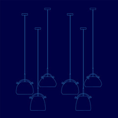 A blue drawing of a series of light fixtures. The light fixtures are all different shapes and sizes, and they are all hanging from the ceiling. The drawing gives the impression of a modern