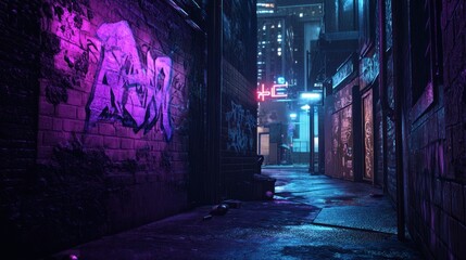 Neon-lit city alleyway at night; graffiti, trash, urban background; game design