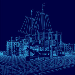 A blue image of a pirate ship with a slide on it. The slide is labeled 