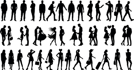 Silhouettes of diverse people walking, standing, interacting, holding bags, couples, dancing, romantic poses. men and women vector silhouette on white representing human activities relationships
