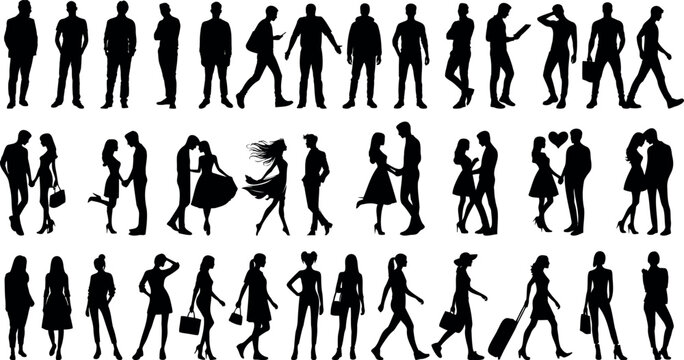 Silhouettes of diverse people walking, standing, interacting, holding bags, couples, dancing, romantic poses. men and women vector silhouette on white representing human activities relationships