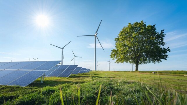 Gr&uuml;ne Wiese mit Solar und Windenergie
