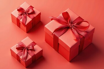 Obraz premium Red ribbon tied gift boxes, eco paper, isolated, ribbon, recycled, birthday