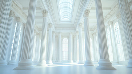 Spacious White Room With Columns and Natural Light in a Modern Building 360 panorama vr environment map. 3D Illustration