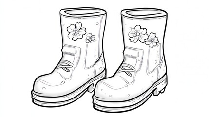Floral gardening boots, spring planting, outdoor background, illustration