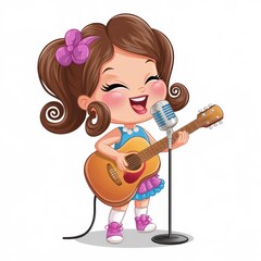 Adorable girl singing joyfully with guitar and microphone. Cartoon style illustration. 