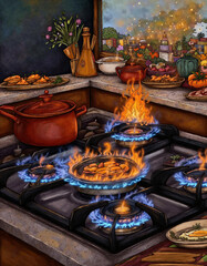 Flaming stove with cooking pots and dishes in a vibrant kitchen