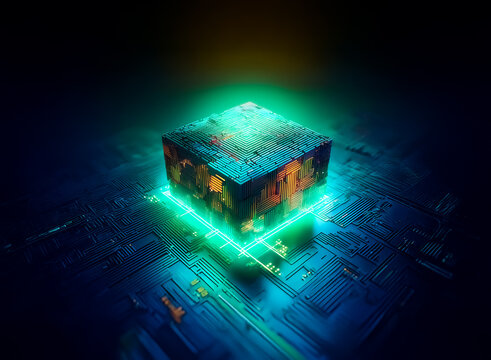 Luminous cube with double exposure texture effect on detailed circuit board platform, lit by vibrant green light in dark space. - Powered by Adobe