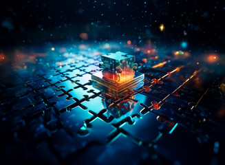 Abstract double exposure art featuring a glowing cube resting on puzzle pieces, creating a layered, futuristic, and technological scene in blue and orange tones.