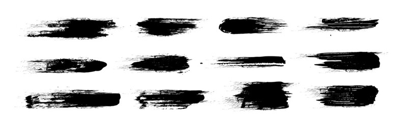 Black paint brush strokes collection with grunge rough edges and ink splatter texture. Artistic dark rough smeared elements for graffiti, banner headers or distressed effects in graphic design.