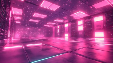 Pink neon server room, data flow, futuristic
