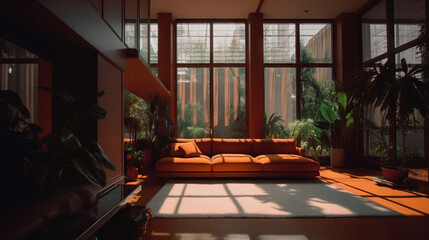 Fototapeta premium A bold living room featuring a bright orange sofa with white 