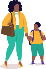 Working Plus Size Black Mother Taking Her Little Son Back To School While Holding Hands Together.
