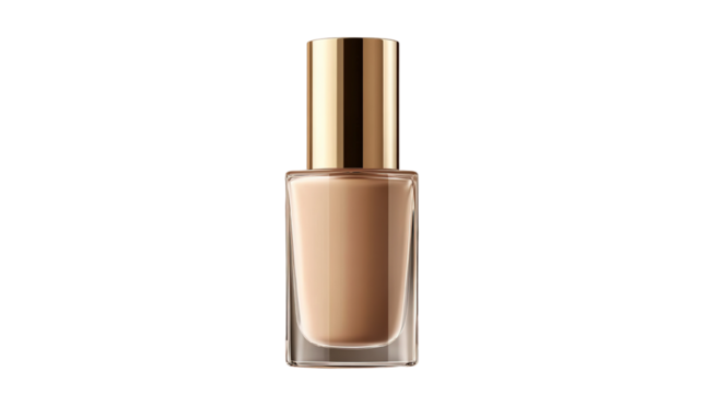 A luxurious foundation bottle with a pump, isolated on a transparent background, emphasizing its smooth glass surface and minimalistic design.