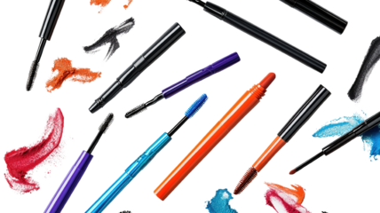 A glamorous set of bold colored mascaras, eyeliner pens, and eyeshadow sticks scattered across a transparent background, each with a focus on intricate details and high-quality design.