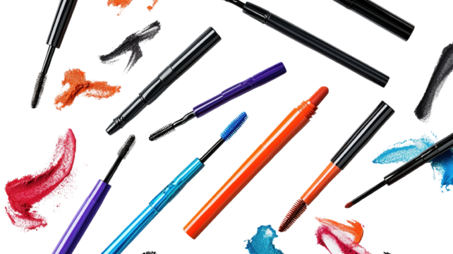 A glamorous set of bold colored mascaras, eyeliner pens, and eyeshadow sticks scattered across a transparent background, each with a focus on intricate details and high-quality design.