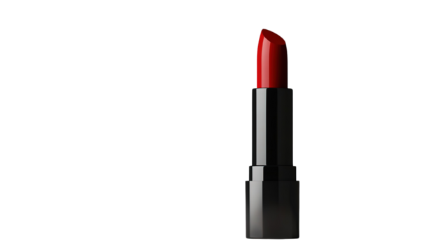 A bold and vibrant red lipstick, isolated on a transparent background, with a close-up view showing its smooth application and luxurious packaging.