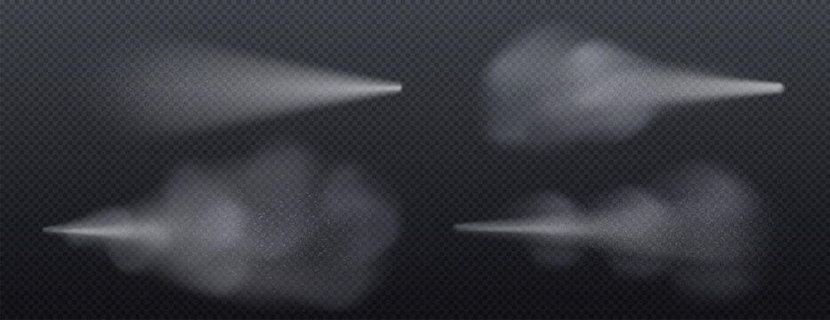 White spray mist collection - transparent water fog streams with tiny droplets, dust particles floating in air. Realistic 3d vapor effect on dark transparent background for beauty cosmetic design.
