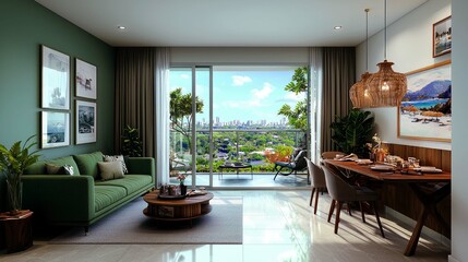 Fototapeta premium Modern Apartment Interior Design: Green Living Room with City View Balcony
