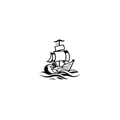 Minimalist Black and White Illustration of a Sailboat Navigating the Waves.
