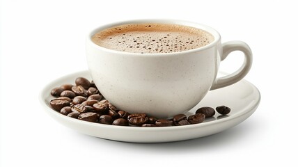 Fototapeta premium A heated coffee cup and coffee beans on a white backdrop