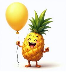 Pineapple with Balloon, 2D Kids Illustration on White Background

