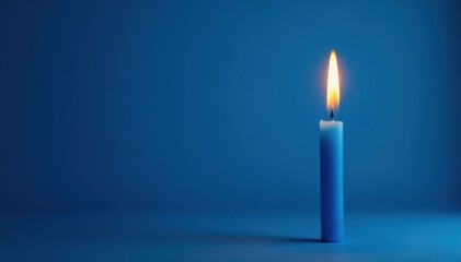 Single blue candle flame, vibrant blue backdrop, detail, color