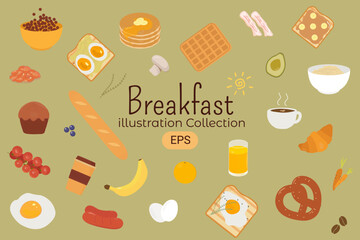 Breakfast concept with fresh food and drinks flat icons set vector illustration